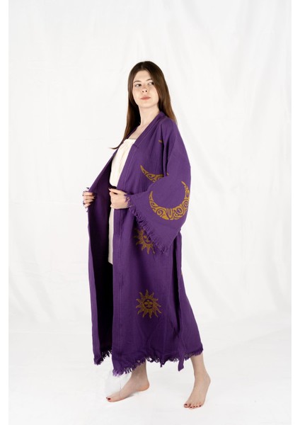 Müslin Kimono %100 Pamuklu Ay ve Güneş Baskılı Desenli Bornoz Kaftan Sabahlık modelleri