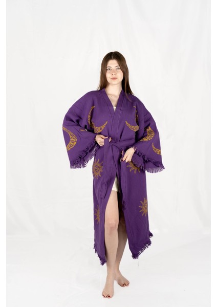 Müslin Kimono %100 Pamuklu Ay ve Güneş Baskılı Desenli Bornoz Kaftan Sabahlık fırsatları