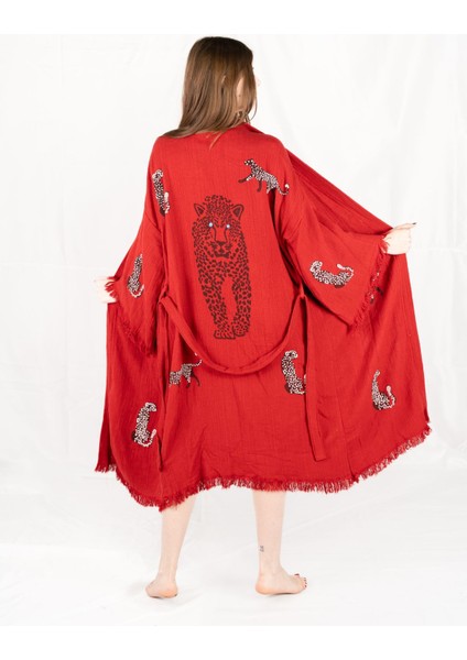 Müslin Kimono %100 Pamuklu Leopar Baskılı Desenli Bornoz Kaftan Sabahlık