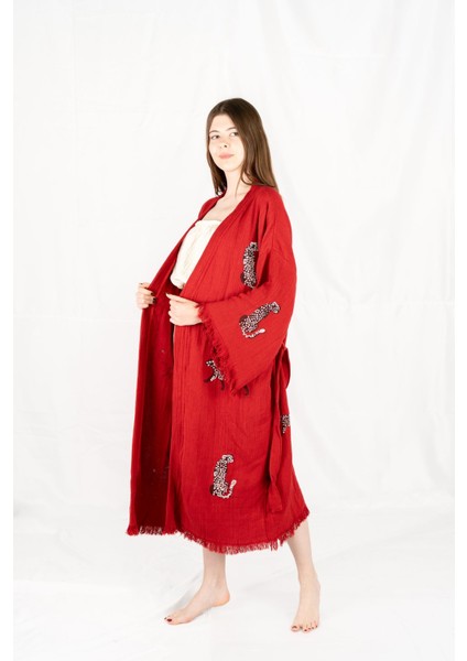 Müslin Kimono %100 Pamuklu Leopar Baskılı Desenli Bornoz Kaftan Sabahlık modelleri