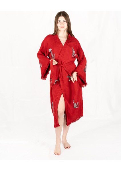 Müslin Kimono %100 Pamuklu Leopar Baskılı Desenli Bornoz Kaftan Sabahlık fırsatları