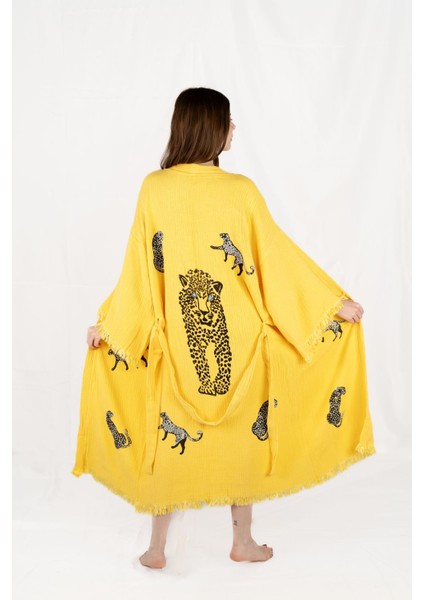 Müslin Kimono %100 Pamuklu Leopar Baskılı Desenli Bornoz Kaftan Sabahlık