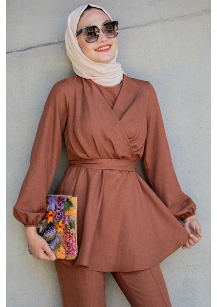 Bety Keten Kruvazeli Tunik Pantolon Takım-Kahverengi fiyatları