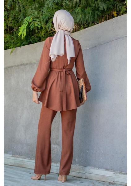 Bety Keten Kruvazeli Tunik Pantolon Takım-Kahverengi modelleri
