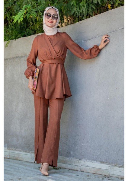 Bety Keten Kruvazeli Tunik Pantolon Takım-Kahverengi fırsatları