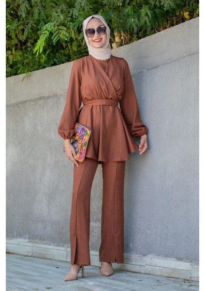 Bety Keten Kruvazeli Tunik Pantolon Takım-Kahverengi indirimleri
