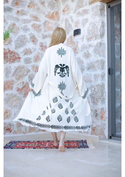 Müslin Kimono %100 Pamuklu Çift Başlı Kartal Baskılı Desenli Bornoz Kaftan Sabahlık modelleri