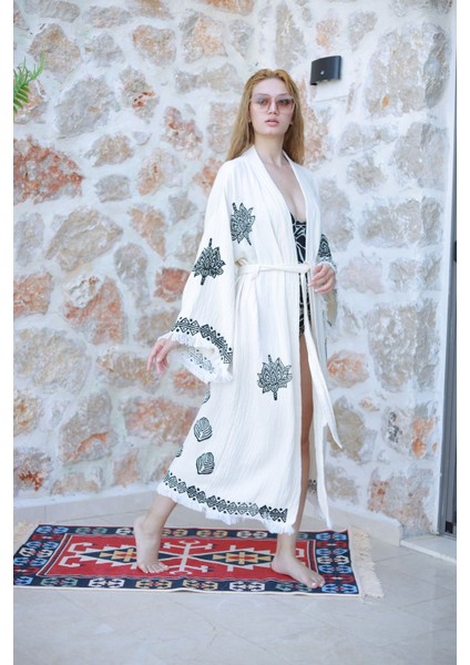 Müslin Kimono %100 Pamuklu Çift Başlı Kartal Baskılı Desenli Bornoz Kaftan Sabahlık fırsatları