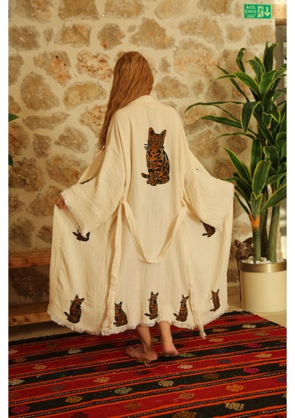 Müslin Kimono %100 Pamuklu Kedi Baskılı Desenli Bornoz Kaftan Sabahlık