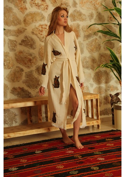 Müslin Kimono %100 Pamuklu Kedi Baskılı Desenli Bornoz Kaftan Sabahlık fiyatları