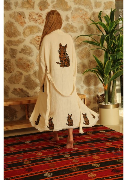 Müslin Kimono %100 Pamuklu Kedi Baskılı Desenli Bornoz Kaftan Sabahlık modelleri