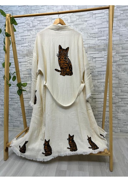 Müslin Kimono %100 Pamuklu Kedi Baskılı Desenli Bornoz Kaftan Sabahlık