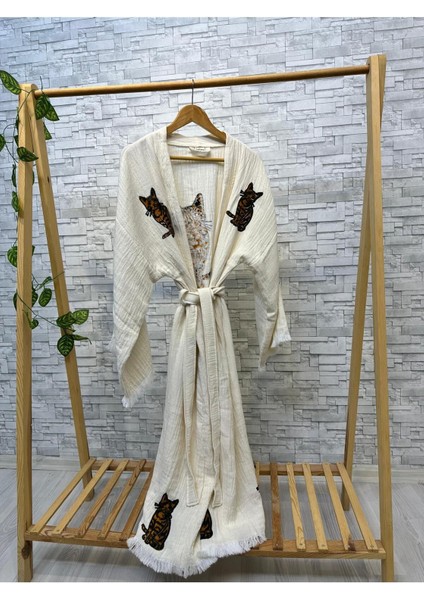 Müslin Kimono %100 Pamuklu Kedi Baskılı Desenli Bornoz Kaftan Sabahlık