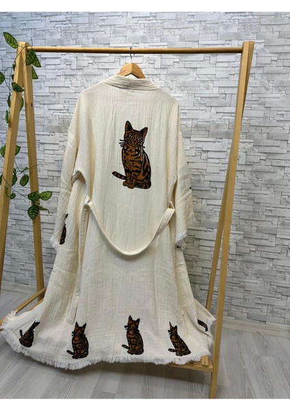 Müslin Kimono %100 Pamuklu Kedi Baskılı Desenli Bornoz Kaftan Sabahlık