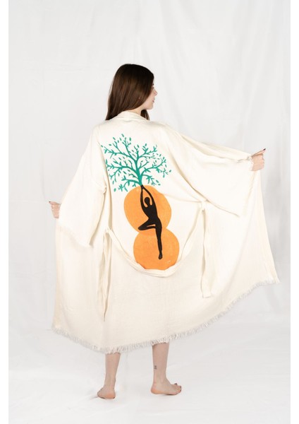 Müslin Kimono %100 Pamuklu Yaşam ve Lotus Baskılı Desenli Bornoz Kaftan Sabahlık