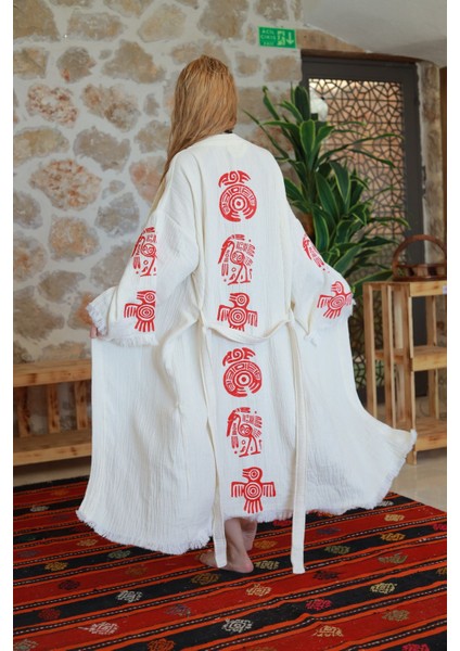 Müslin Kimono %100 Pamuklu Bohem Sembol Baskılı Desenli Bornoz Kaftan Sabahlık modelleri