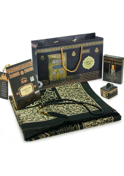 Isme Özel Kabe Desenli Çantalı Isimli Yasin Kitabı, Tesbih, Esans ve Seccade Seti Siyah fırsatları