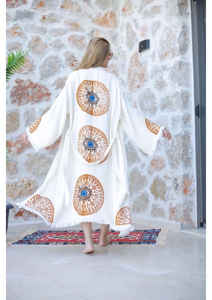 Müslin Kimono %100 Pamuklu Mandala Baskılı Desenli Bornoz Kaftan Sabahlık