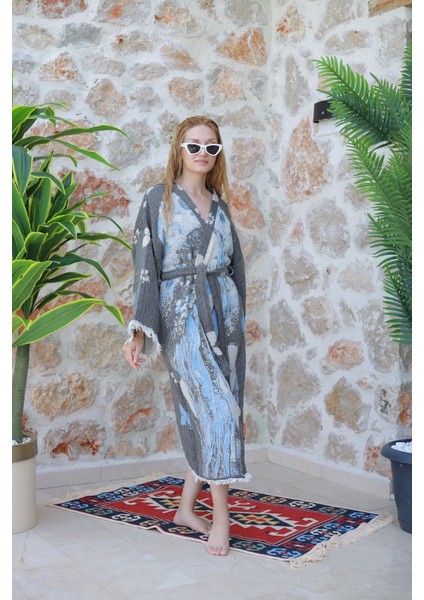 Müslin Kimono %100 Pamuklu Kadın Desenli Jakarlı Bornoz Kaftan Sabahlık indirimleri