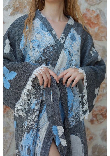 Müslin Kimono %100 Pamuklu Kadın Desenli Jakarlı Bornoz Kaftan Sabahlık