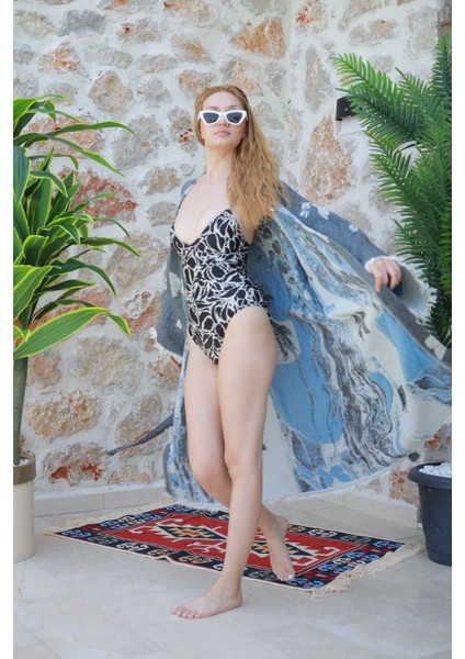 Müslin Kimono %100 Pamuklu Kadın Desenli Jakarlı Bornoz Kaftan Sabahlık