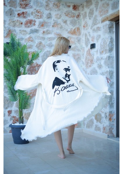 Müslin Kimono %100 Pamuklu Atatürk Baskılı Bornoz Kaftan Sabahlık