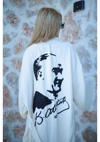 Müslin Kimono %100 Pamuklu Atatürk Baskılı Bornoz Kaftan Sabahlık fiyatları