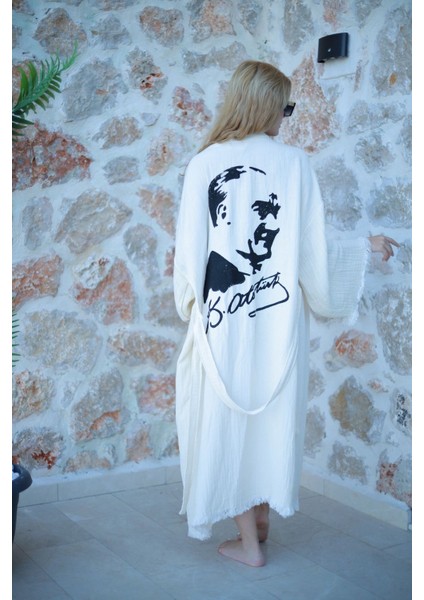 Müslin Kimono %100 Pamuklu Atatürk Baskılı Bornoz Kaftan Sabahlık modelleri