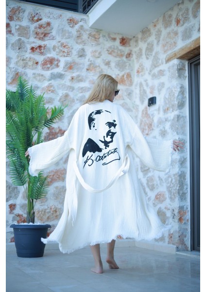 Müslin Kimono %100 Pamuklu Atatürk Baskılı Bornoz Kaftan Sabahlık indirimleri
