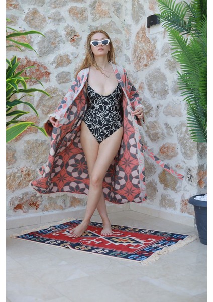 Müslin Kimono %100 Pamuklu Mandala Desenli Jakarlı Bornoz Kaftan Sabahlık