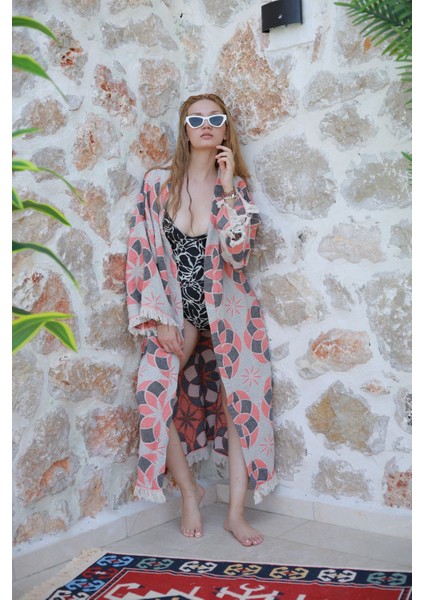 Müslin Kimono %100 Pamuklu Mandala Desenli Jakarlı Bornoz Kaftan Sabahlık