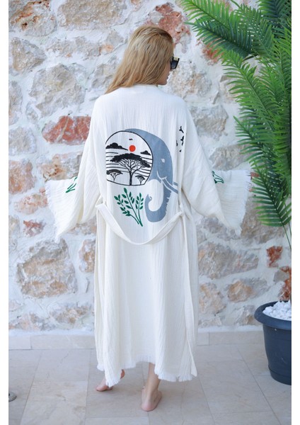 Müslin Kimono %100 Pamuklu Yaşam ve Fil Baskılı Desenli Bornoz Kaftan Sabahlık
