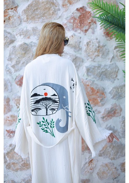 Müslin Kimono %100 Pamuklu Yaşam ve Fil Baskılı Desenli Bornoz Kaftan Sabahlık modelleri