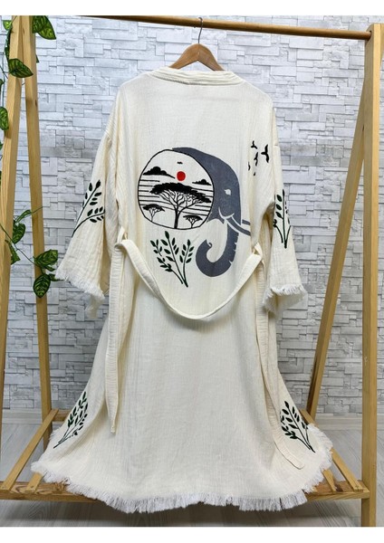 Müslin Kimono %100 Pamuklu Yaşam ve Fil Baskılı Desenli Bornoz Kaftan Sabahlık