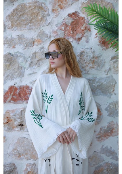 Müslin Kimono %100 Pamuklu Yaşam ve Fil Baskılı Desenli Bornoz Kaftan Sabahlık