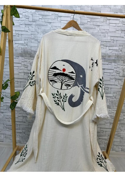 Müslin Kimono %100 Pamuklu Yaşam ve Fil Baskılı Desenli Bornoz Kaftan Sabahlık