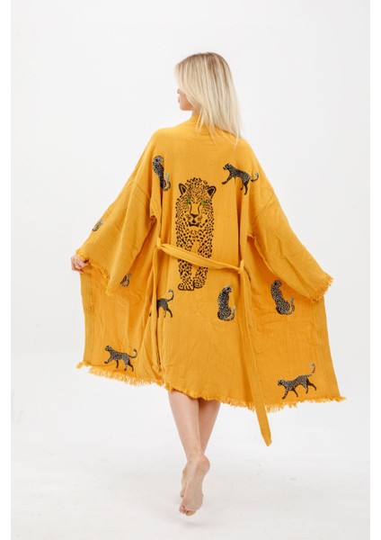 Müslin Kimono %100 Pamuklu Leopar Baskılı Desenli Bornoz Kaftan Sabahlık