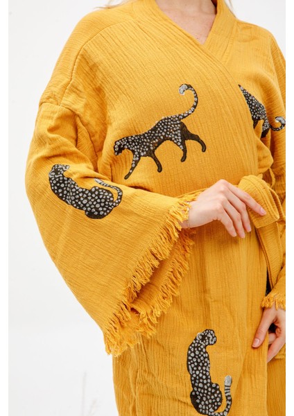 Müslin Kimono %100 Pamuklu Leopar Baskılı Desenli Bornoz Kaftan Sabahlık modelleri