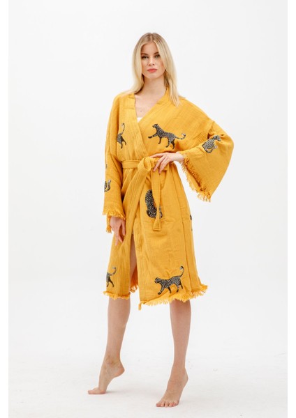 Müslin Kimono %100 Pamuklu Leopar Baskılı Desenli Bornoz Kaftan Sabahlık fırsatları