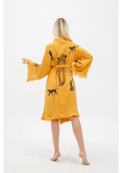 Müslin Kimono %100 Pamuklu Leopar Baskılı Desenli Bornoz Kaftan Sabahlık indirimleri