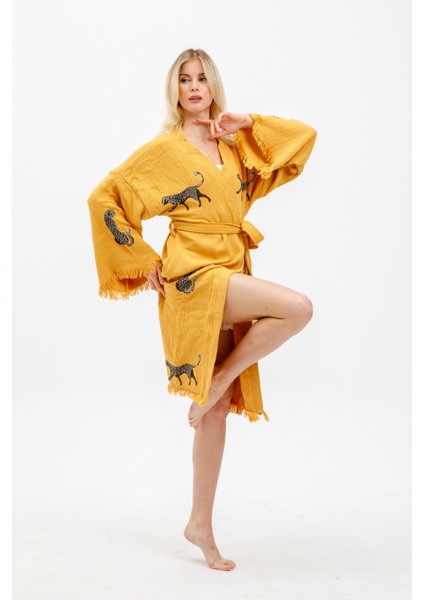 Müslin Kimono %100 Pamuklu Leopar Baskılı Desenli Bornoz Kaftan Sabahlık