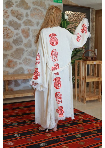 Müslin Kimono %100 Pamuklu Bohem Sembol Baskılı Desenli Bornoz Kaftan Sabahlık indirimleri