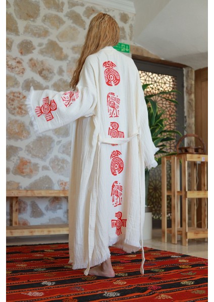 Müslin Kimono %100 Pamuklu Bohem Sembol Baskılı Desenli Bornoz Kaftan Sabahlık