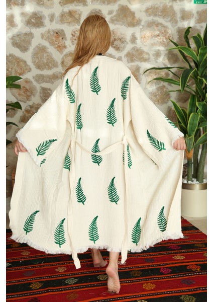 Müslin Kimono %100 Pamuklu Yaprak Baskılı Desenli Bornoz Kaftan Sabahlık