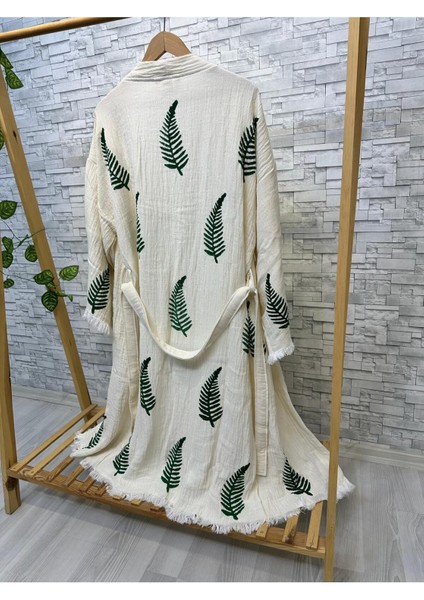 Müslin Kimono %100 Pamuklu Yaprak Baskılı Desenli Bornoz Kaftan Sabahlık indirimleri