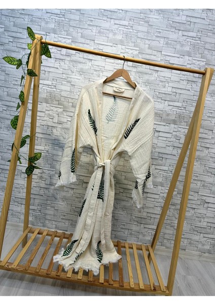 Müslin Kimono %100 Pamuklu Yaprak Baskılı Desenli Bornoz Kaftan Sabahlık