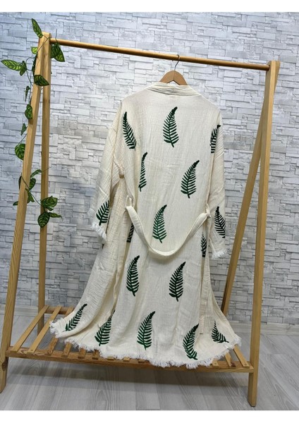 Müslin Kimono %100 Pamuklu Yaprak Baskılı Desenli Bornoz Kaftan Sabahlık