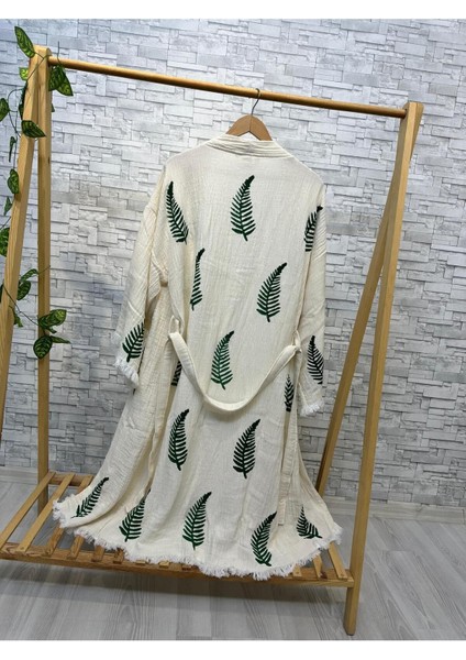 Müslin Kimono %100 Pamuklu Yaprak Baskılı Desenli Bornoz Kaftan Sabahlık