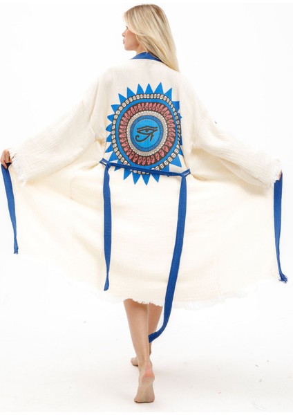 Müslin Kimono %100 Pamuklu Horus'un Gözü Baskılı Desenli Bornoz Kaftan Sabahlık
