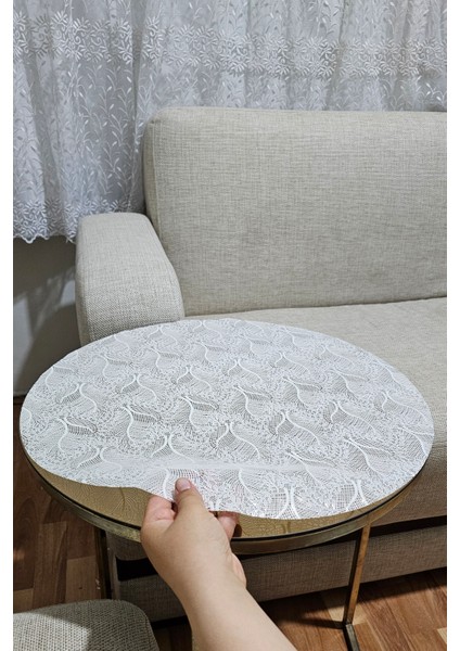 Orta Yuvarlak Salon Sehpa Örtüsü Pvc Silinebilir Modern Dantel Desenli Masa Örtüsü Bej Krem